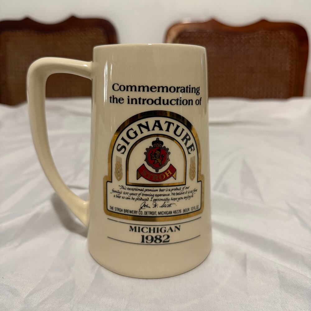 1982 Stroh Signature Beer Ceramic Mug Stein Michigan Detroit Breweriana Vintage